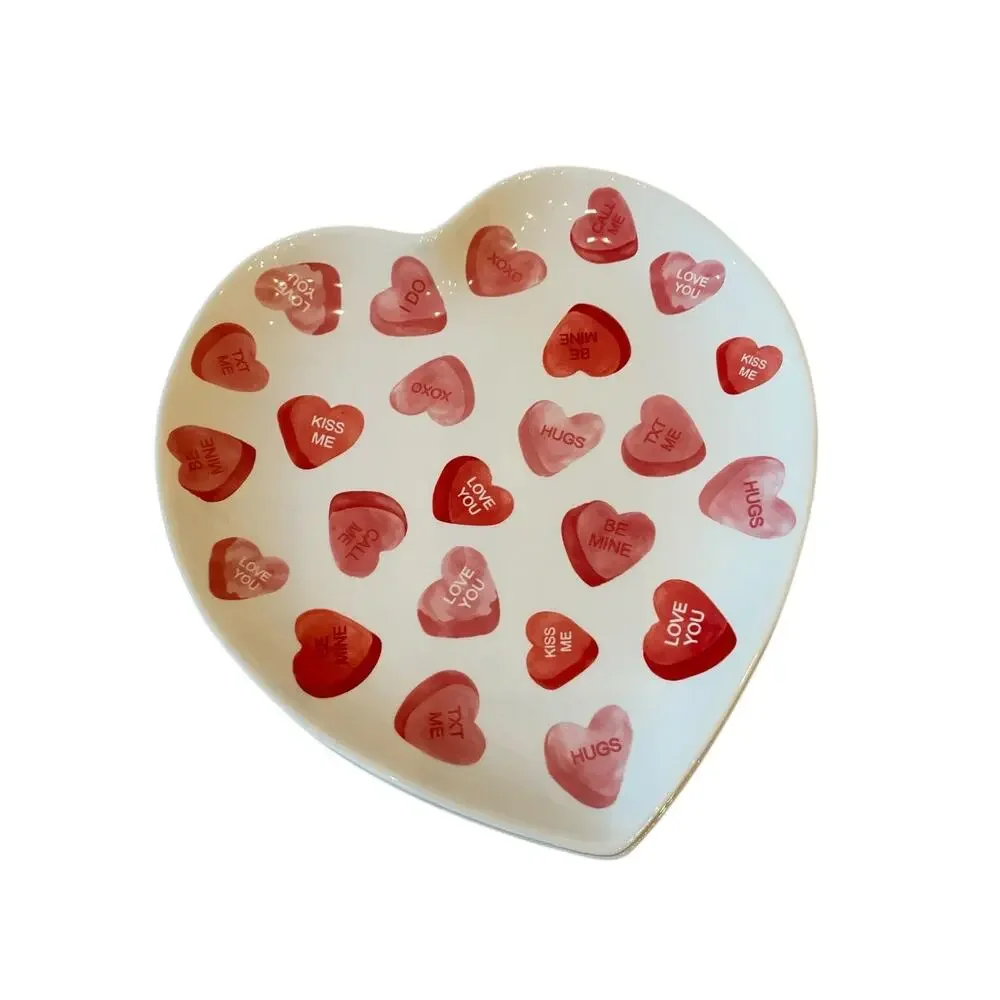 4 Maxcera Conversation Heart Valentine Dinner Plates 10in Ceramic Red & White